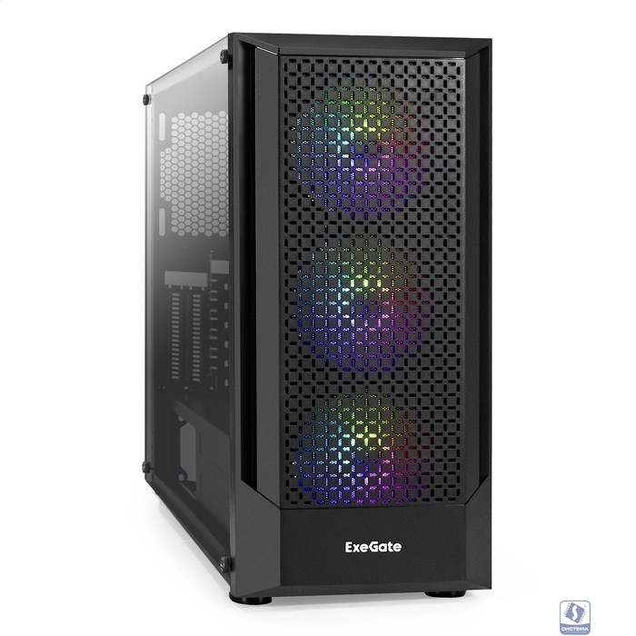 Exegate EX296354RUS Корпус Miditower ExeGate EVO-8227-NPX700 (ATX, БП 700NPX с вент. 12см, 2*USB+1*USB3.0+HD Audio, черный, 3 вент. с RGB подсветкой, боковая панель - закаленное стекло)
