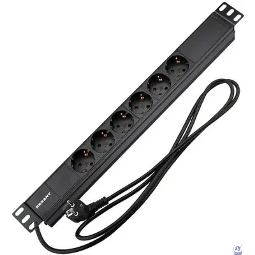 Rexant (04-0101-1) Блок распределения питания для 19" шкафов, горизонтальный, 6 розеток СЕЕ 7/4, 16A, без выкл, алюм корп, шнур 2м, вилка СЕЕ 7/7