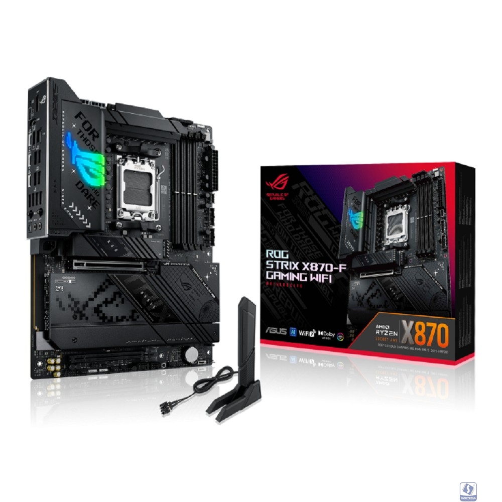 ASUS ROG STRIX X870-F GAMING WIFI (Socket AM5, ATX, 4xDDR5(192GB), DP/HDMI, 1xPCIe 5.0x16/1xPCIe 4.0x16, 1xLAN (2.5GbE), Wi-Fi 7, BT 5.4, 2xSATA 6Gb/s, 4xM.2, 2xUSB4 Type-C, 1xUSB-C, 9xUSB 3.2)