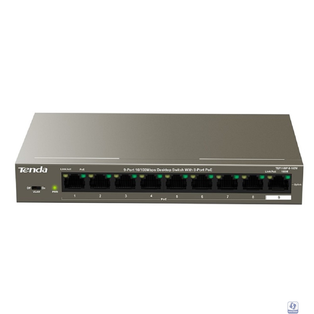 TENDA TEF1109P-8-102W Коммутатор настольный 9-Ports 10/100 Base-TX 8-Ports PoE(PoE бюджет 92W)