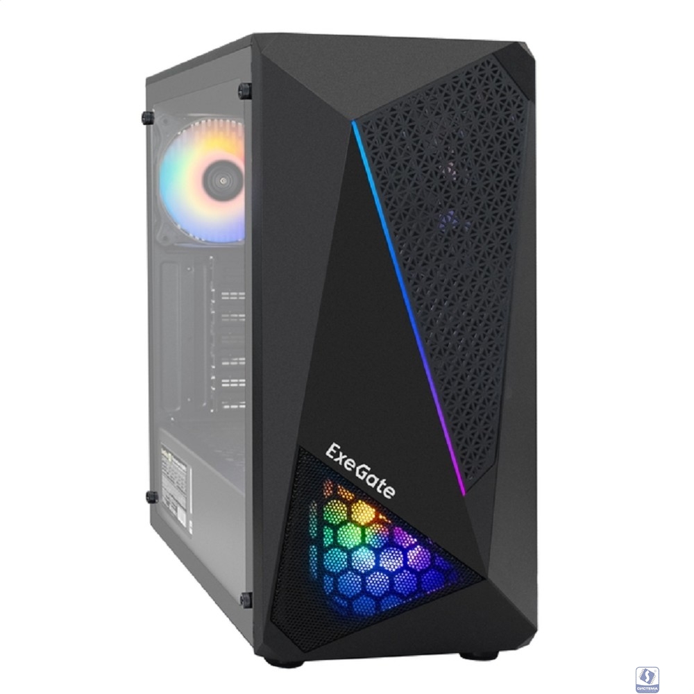 Exegate EX293016RUS Корпус Miditower ExeGate EVO-8225-NPX700 (ATX, БП 700NPX с вент. 12см, 2*USB+1*USB3.0, черный, 2 вент. с RGB подсветкой и полоса на передней панели, боковая панель - закаленное сте