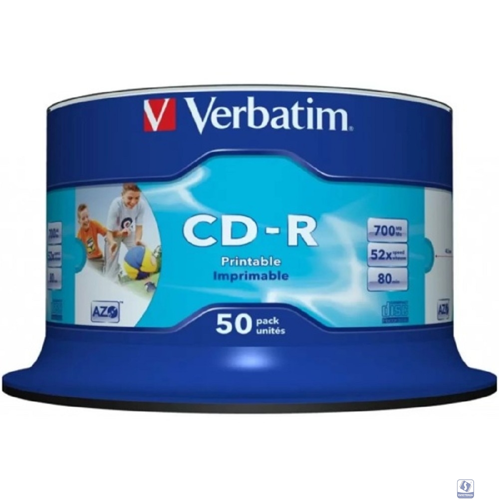 Verbatim  Диски CD-R  50 шт. Printable InkJet, 52-x 700Mb, Cake Box [43309/43438]