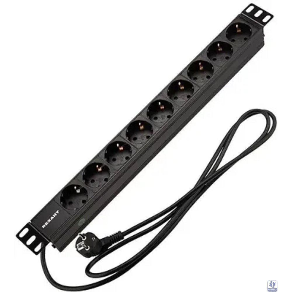 Rexant (04-0105-1) Блок распределения питания для 19" шкафов, горизонтальный, 9 розеток СЕЕ 7/4, 16A, без выкл, алюм корп, шнур 2м, вилка СЕЕ 7/7