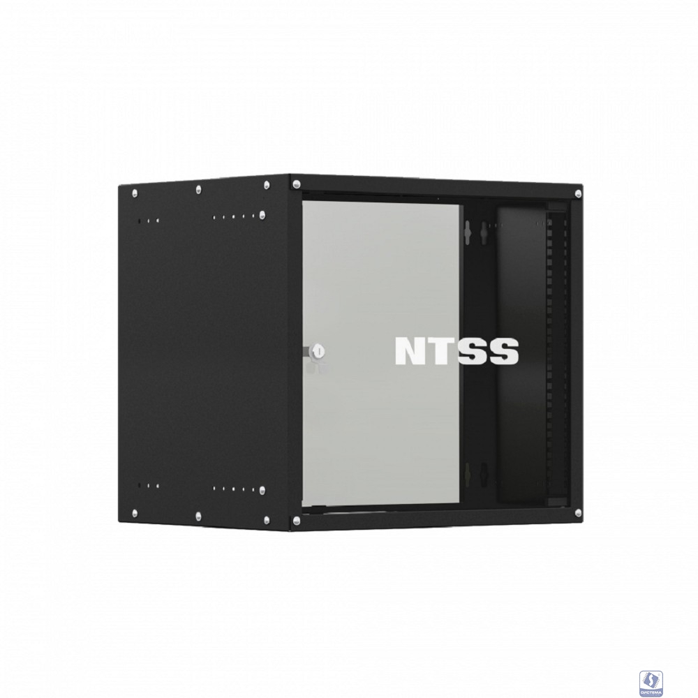 NTSS Шкаф настенный телекоммуникационный NTSS LIME 9U 550х450х500мм, 2 профиля 19, дверь стеклянная, боковые стенки несъемные, разобранный, черный RAL 9005 NTSS-WL9U5545GS-BL