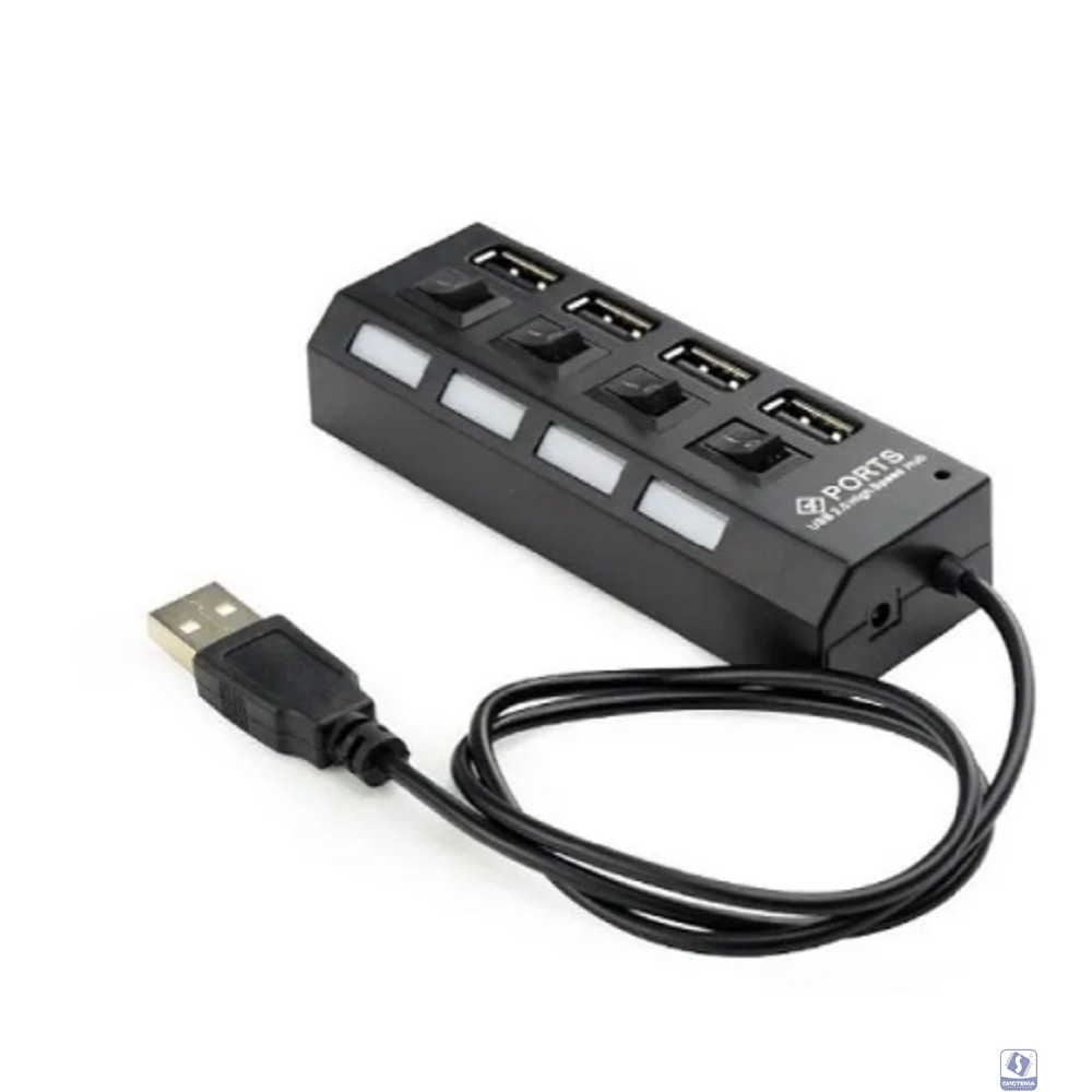 Gembird Разветвитель USB2.0  4xUSB, блок питания 2А, подсветка и выкл, кабель USB 55см, черный (UHB-U2P4-02A)