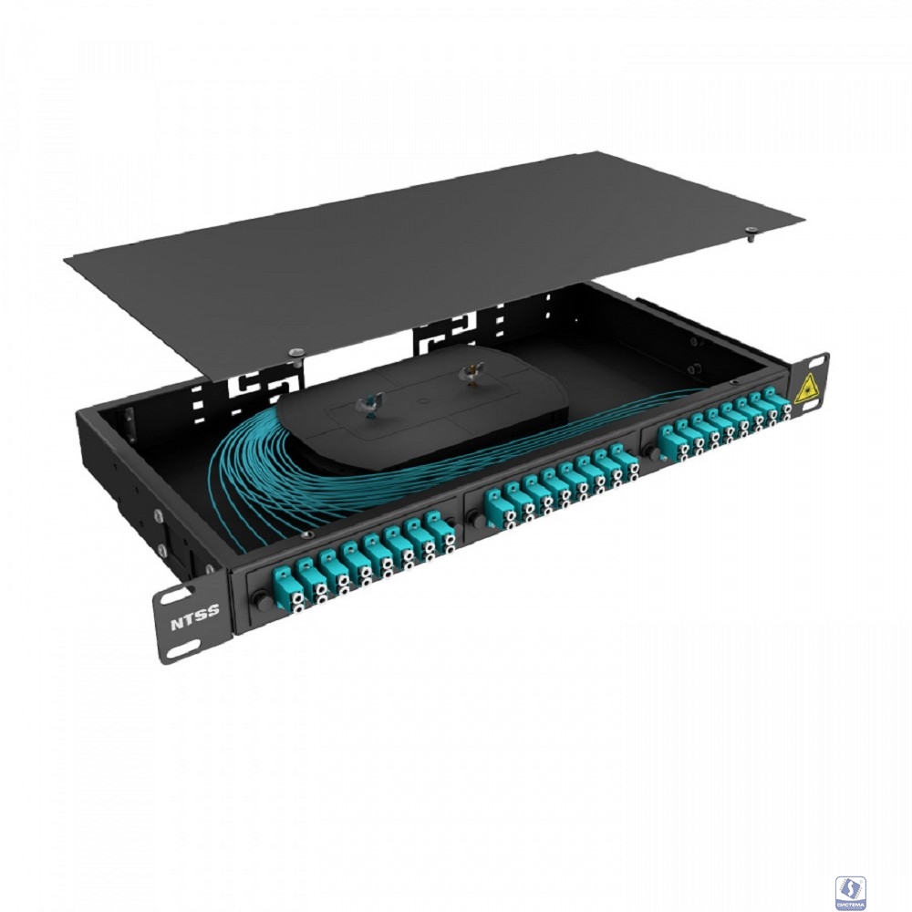 NTSS Кросс 19" NTSS PREMIUM, предсобранный 1U, 16 портов LC/UPC duplex, 50/125 мкм ОМ3, (сплайс, пигтейлы, кдзс, планки, адаптеры), черный, RAL9005 NTSS-RFOB-PM-1U-16-2LC/U-503-SP1.5G1A-BL