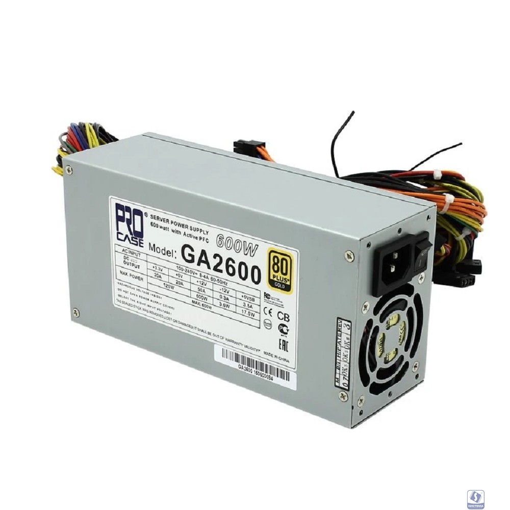 Procase GA2600 Блок питания ATX 2U  2FAN (600W), 80+ Gold, 200*100*70mm, Активный PFC,  +5B=20A, +12B=50A, +3,3B=20A, 5VSB=3.5A, -12B=0.3A, Защита от перегрузки 105-150%, Входное напряжение 160-240В