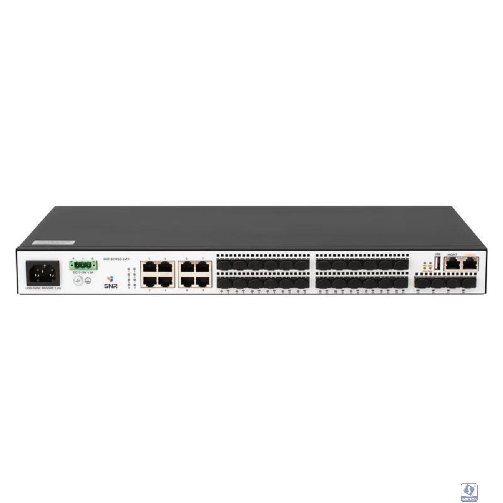 SNR SNR-S2995G-24FX Управляемый коммутатор уровня 3, 16 портов 100/1000Base-X SFP, 8 портов Combo 10/100/1000Base-T|100/1000Base-X SFP, 4 порта 1/10G SFP+, VSF HA, встроенный БП ~220V AC, RPS 12V DC