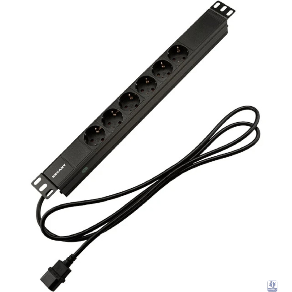 Rexant (04-0301-1) Блок распределения питания для 19" шкафов, горизонтальный, 6 розеток СЕЕ 7/4, 10A, без выкл, алюм корп, шнур 2м, вилка C14