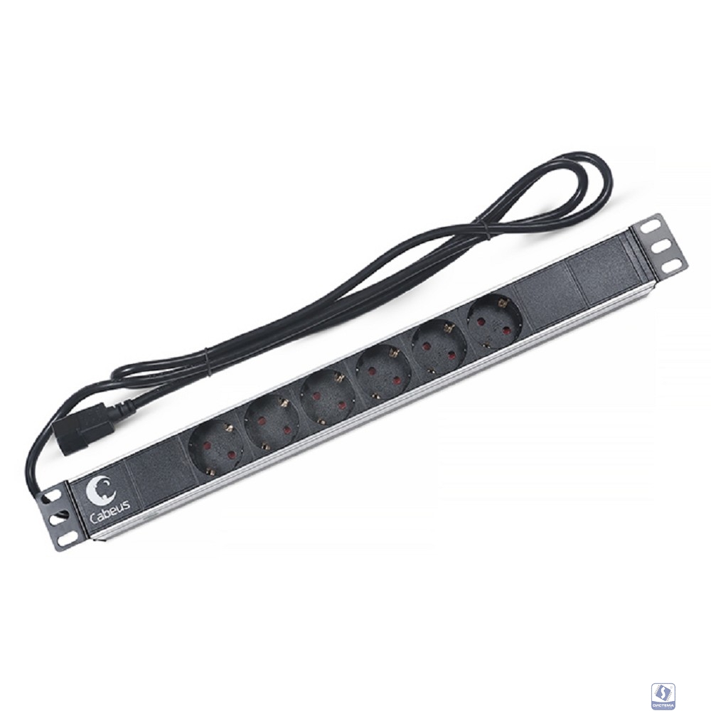 Cabeus PDU-6P-2IEC Блок евророзеток для 19" шкафов, горизонтальный, 6 розеток, 10 A, без выключателя, алюминиевый корпус, шнур 2 м, вилка IEC 320 C14