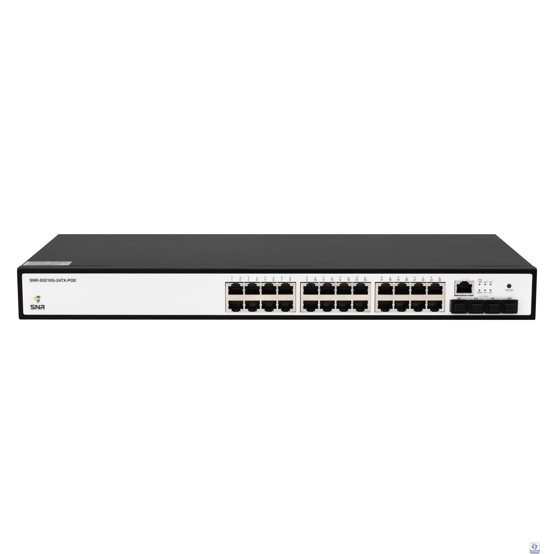 SNR SNR-S5210G-24TX-POE Управляемый PoE коммутатор уровня 2+, 24 порта 10/100/1000Base-T, 4 порта 1/10G SFP+, бюджет PoE 370 Вт, встроенный БП ~220V AC