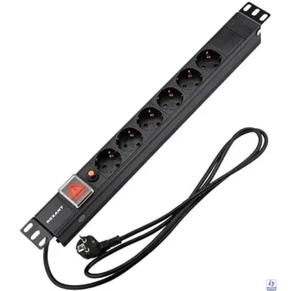 Rexant (04-0102-1) Блок распределения питания для 19" шкафов, горизонтальный, 6 розеток СЕЕ 7/4, 16A, фильтр, выкл, алюм корп, шнур 2м, вилка СЕЕ 7/7