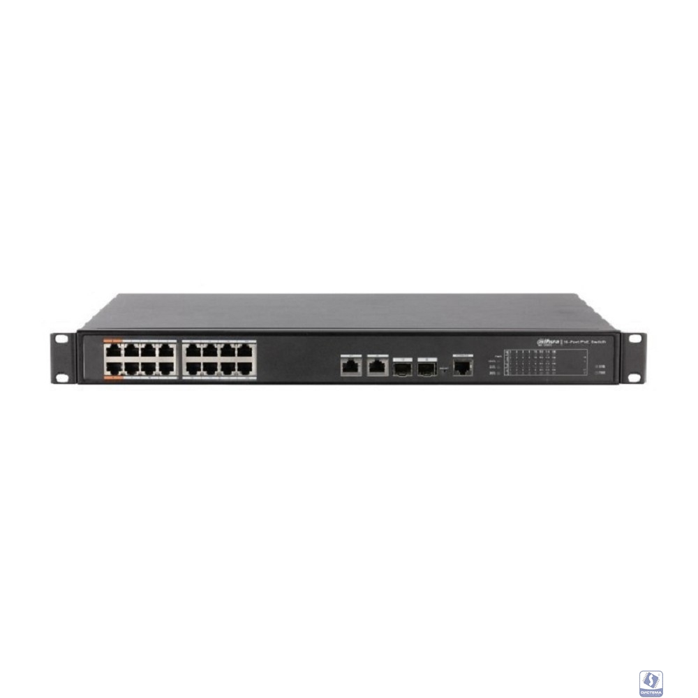 DAHUA DH-PFS4218-16ET-190 16-портовый управляемый коммутатор с РоЕ, уровень L2, 16xRJ45 100Mb PoE, 2хКомбо SFP/RJ45 1Gb uplink, суммарно 190Вт, коммутация 8.8 Гбит/с, MAC-таблица 4К