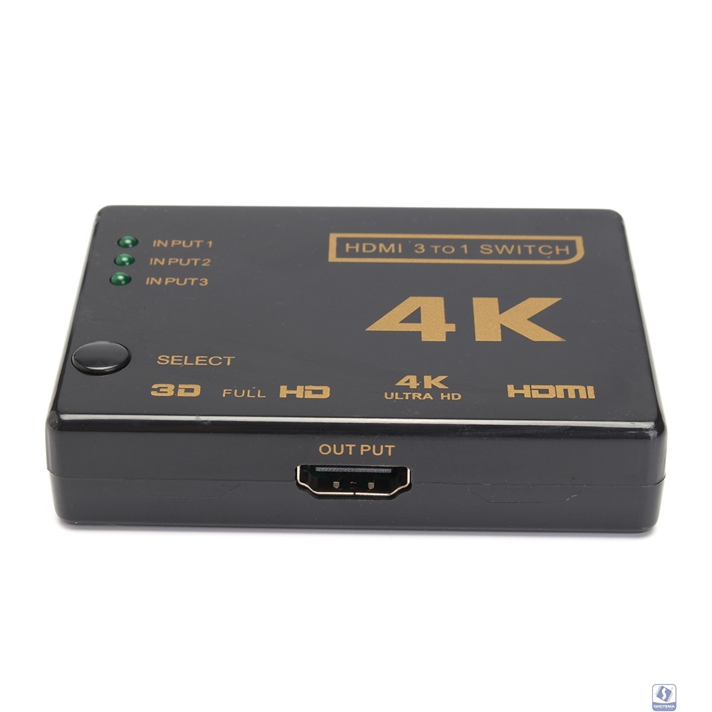 ORIENT HDMI 4K Switch HS0301H-IR 3->1, HDMI 1.4/3D, UHDTV 4K(3840x2160)/HDTV1080p/1080i/720p, HDCP1.2, внешний ИК приемник, пульт ДУ, питание от HDMI, пл.корпус (30675)