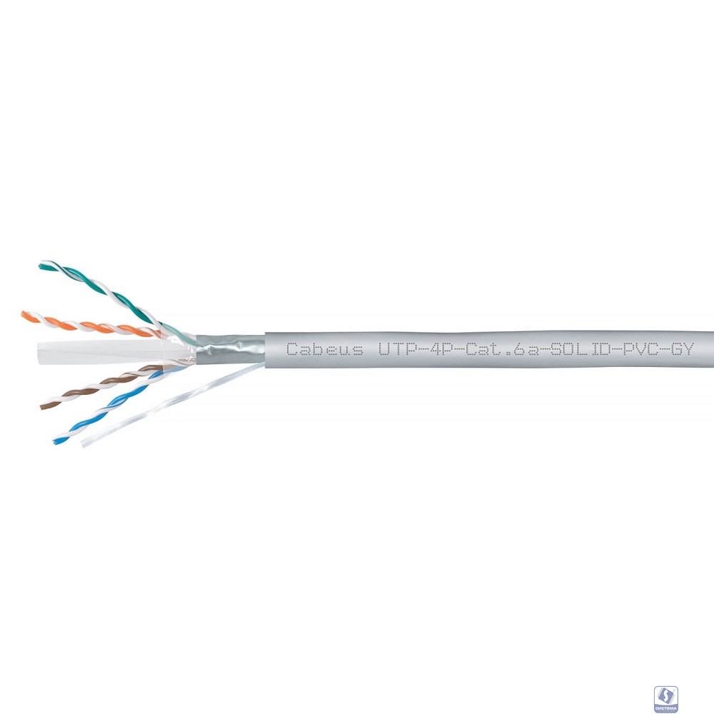 Cabeus UTP-4P-Cat.6a-SOLID-PVC-GY Кабель витая пара UTP (U/UTP), категория 6A, 4 пары (23 AWG), одножильный, PVC нг(А)-LS, серый (305 м)