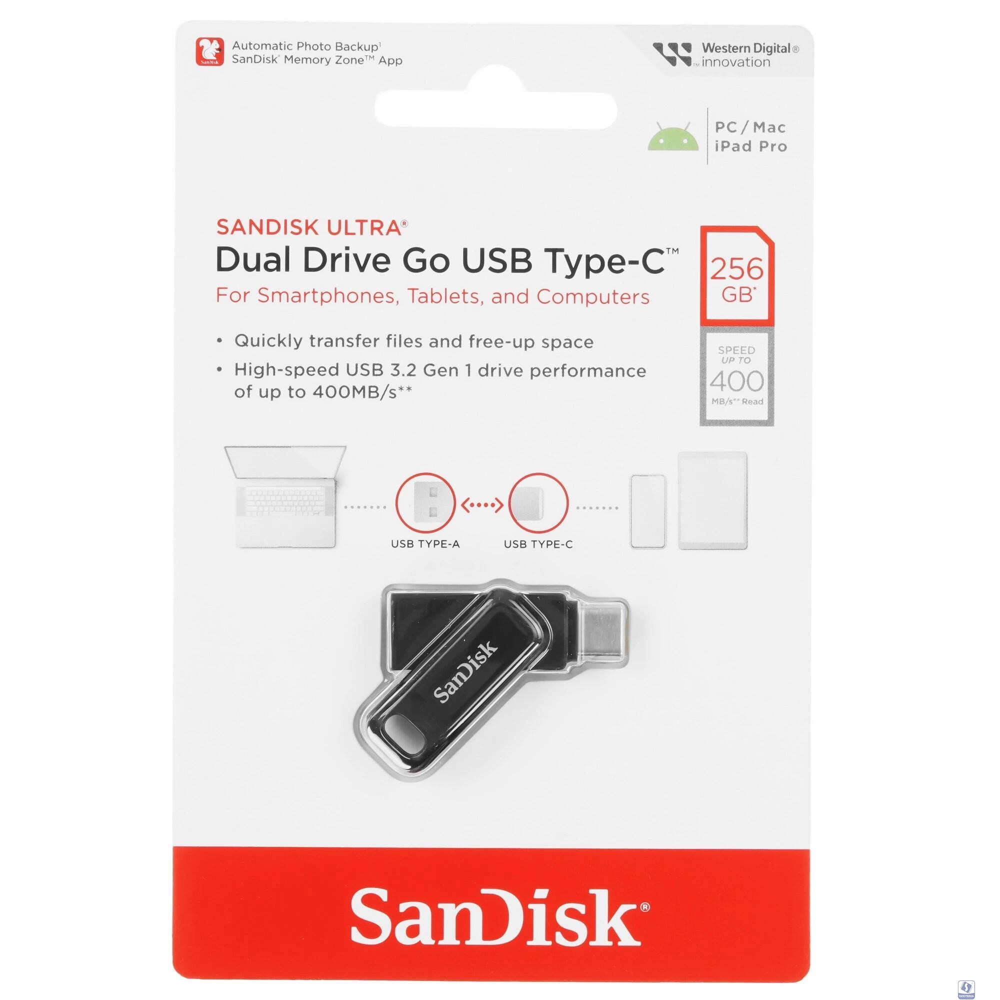 SanDisk USB Drive 256GB Ultra Dual Drive Go, USB 3.1 - USB Type-C Black