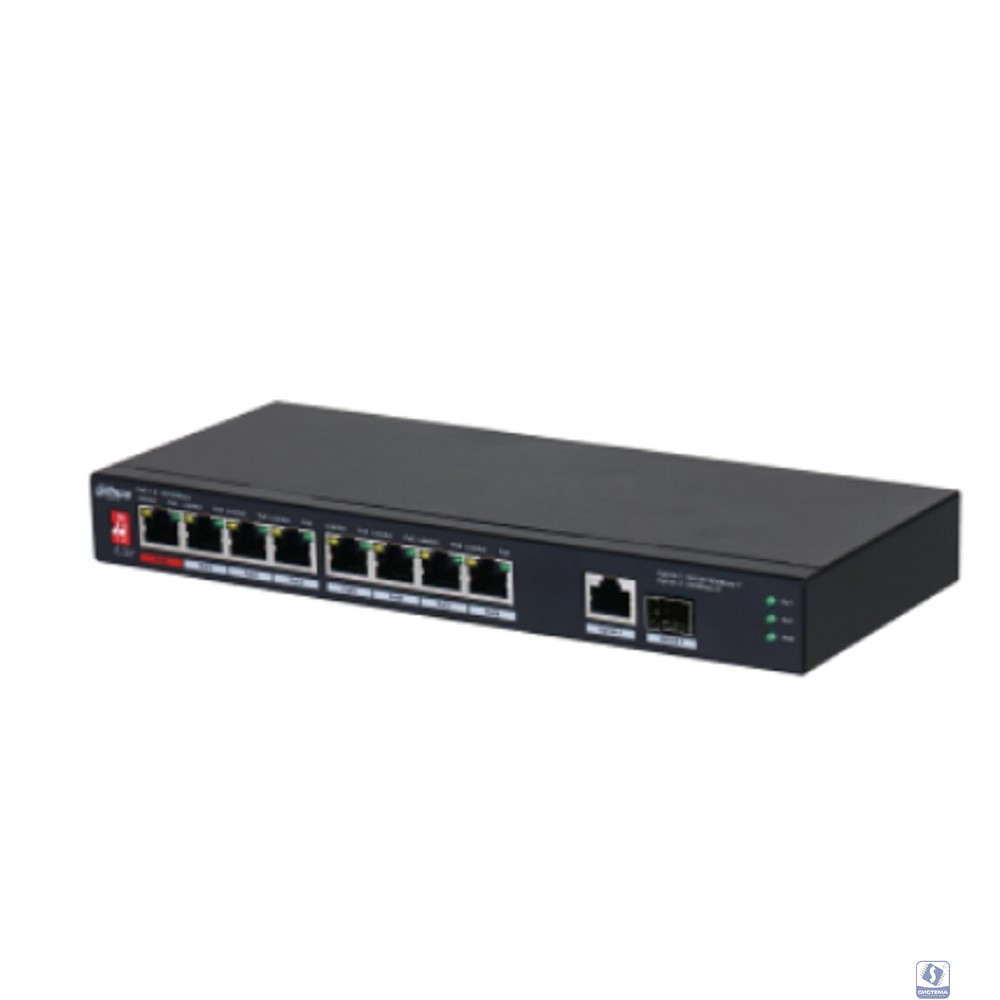 DAHUA DH-PFS3110-8ET1GT1GF-96 10-портовый неуправляемый коммутатор с PoE, 8xRJ45 10/100Mb PoE, 1xRJ45 1Gb uplink, 1xSFP 1Gb uplink, суммарно 96Вт, коммутация 5.6 Гбит/с, MAC-таблица 8К, металл