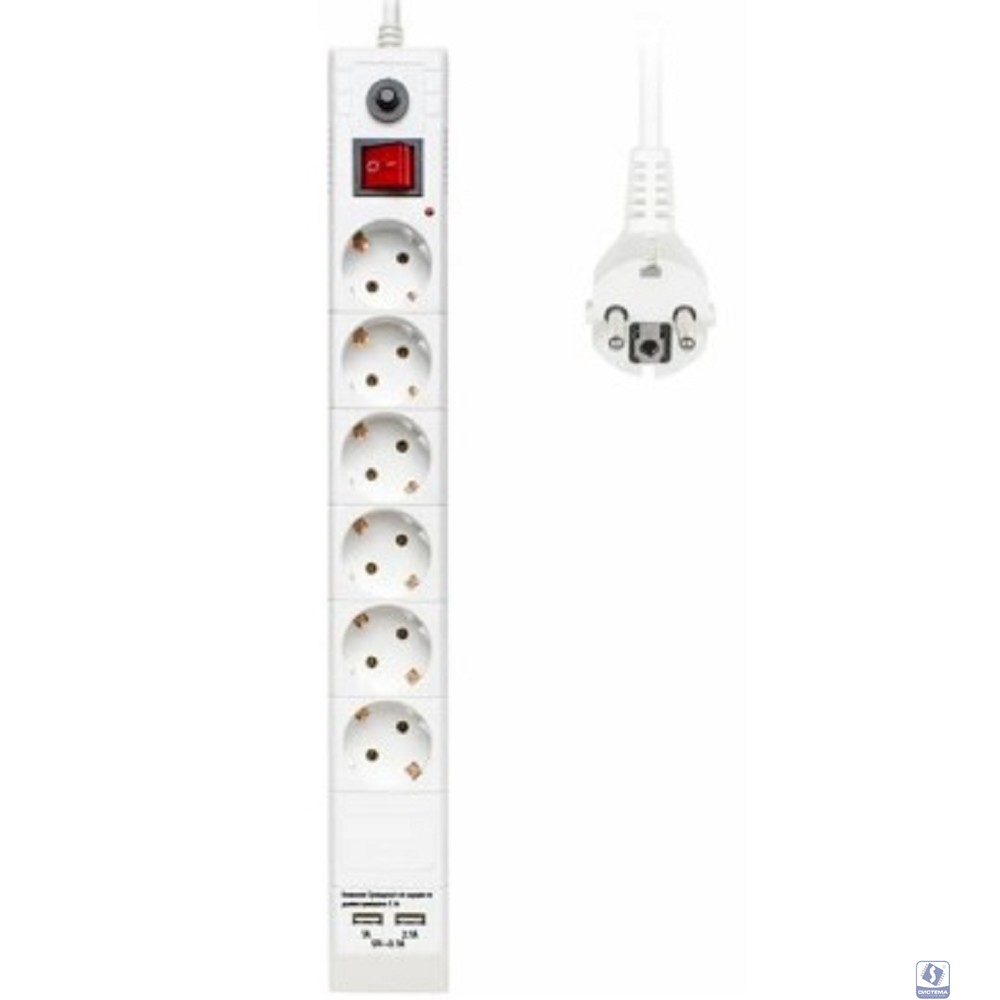 BURO Сетевой фильтр, 6 розеток, 3 метра, (BU-SP3_USB_2A-W), белый (коробка) 