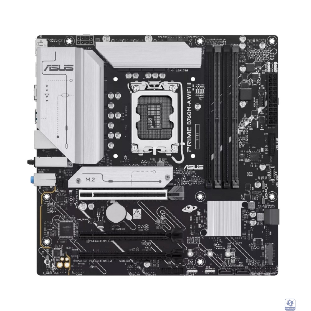 ASUS PRIME B760M-A WIFI II (Socket1700, mATX, 4xDDR5(256GB), DP/HDMI, 1xPCIe 5.0x16/2xPCIe 4.0x16, 1xLAN (2.5GbE), Wi-Fi, BT, 4xSATA 6Gb/s, 2xM.2, 2xUSB 3.2, 4xUSB 2.0) 