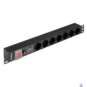 Exegate EX299607RUS Блок розеток с сетевым фильтром (Surge Protect), защитой от перегрузки и разъемом подключения C14 ExeGate ServerPro PDU-19H702 Al-7S-C14-SW-O-SPD1 (19", 1U, Алюминий, 7 Schuko, C14