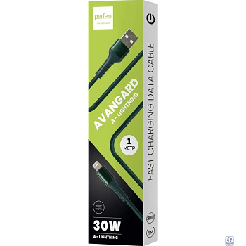 PERFEO Кабель USB A вилка - Lightning вилка, 30W, зеленый, длина 1 м., AVANGARD (I4334)