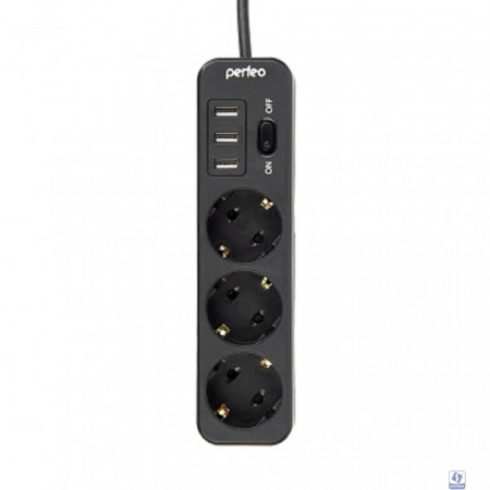 Perfeo сетевой фильтр "POWER STREAM", 2500W, двойная защита, 4м, 3 розетки, 3 USB, черный.