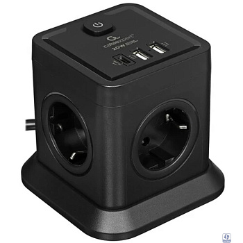 Cablexpert Сетевой фильтр Tower TWR-4-CU2-B-2 (4р, 10А, 1xType-C PD, 20Вт, 2 х USB, 2м, ур.защиты 2+) черный, коробка