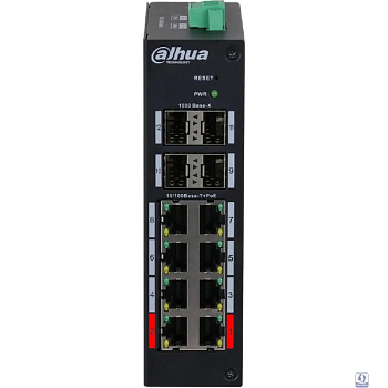 Dahua DH-HS4412-8ET-120 12-портовый управляемый коммутатор с PoE, промышленное исполнение  8 RJ45 10/100Мбит/с, 4 SFP 1000Мбит/с (uplink); до 120Вт; на DIN-рейку
