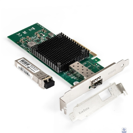 Exegate EX298939RUS Комплект: Сетевой адаптер SFP+ ExeGate EXE-X520-DA1 + Трансивер Multi-Mode до 300м EXT-10G-MM850-LC2-300M (EX296227RUS PCI-E x8 v2.0, порты 1x SFP+ 10Gb/s (10/5/2.5/1Gb/s, 100Mb/s)