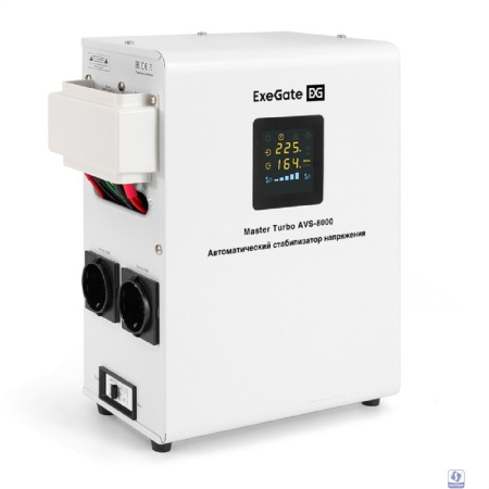 Exegate EX291750RUS Стабилизатор напряжения ExeGate Master Turbo AVS-8000 (8000ВА, 100-265В, цветной дисплей, 220В±8%, КПД 98%, 5 уровней защиты, задержка, усиленный метал.корпус, клем.колодка+евророз