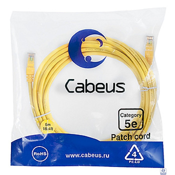 Cabeus PC-UTP-RJ45-Cat.5e-5m-YL Патч-корд U/UTP, категория 5е, 2xRJ45/8p8c, неэкранированный, желтый, PVC, 5м