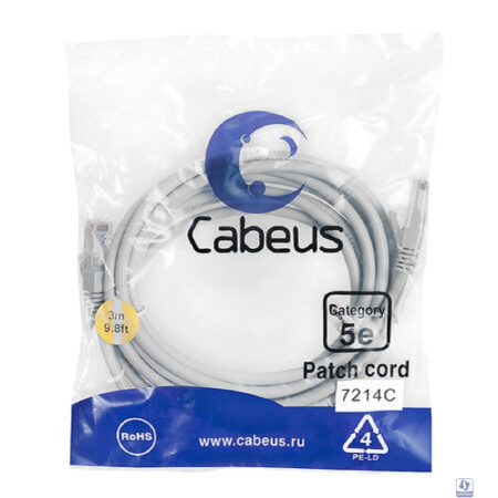Cabeus PC-UTP-RJ45-Cat.5e-3m Патч-корд U/UTP, категория 5е, 2xRJ45/8p8c, неэкранированный, серый, PVC, 3м