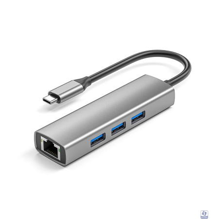 ORIENT JK-341N, Type-C разветвитель-сетевая карта USB 3.2 Gen1 (5 Гбит/c), порты: 3xUSB-A + RJ45 Gigabit Ethernet, RTL8153, 100/1000 Мбит/с, кабель USB Type-C, алюминиевый корпус, серебристый (33309)