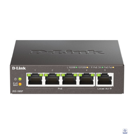 D-Link DGS-1005P/L (ревизия A1) Неуправляемый коммутатор с 5 портами 10/100/1000Base-T (4 порта PoE 802.3af/at, PoE-бюджет 60 Вт)