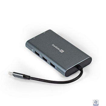 Exegate EX293985RUS Док-станция ExeGate DUB-31C/MAX (кабель-адаптер USB Type-C --> 3xUSB3.0 + Card Reader + PD 100W + HDMI 4K@30Hz + VGA + Audio + Lan RJ45 10/100/1000Mb, Plug&Play, серый)