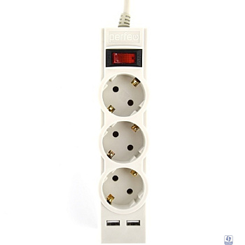 Perfeo сетевой фильтр "POWER-S", 5,0м, 3 розетки 10А, 2USB, 2500 Вт, двойная защита, серый.