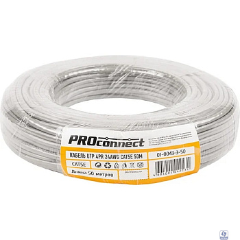 PROconnect (01-0043-3-50) Кабель витая пара омедненный, U/UTP, CCA, CAT 5e, PVC, 4PR, 24AWG, INDOOR, SOLID, серый, 50м