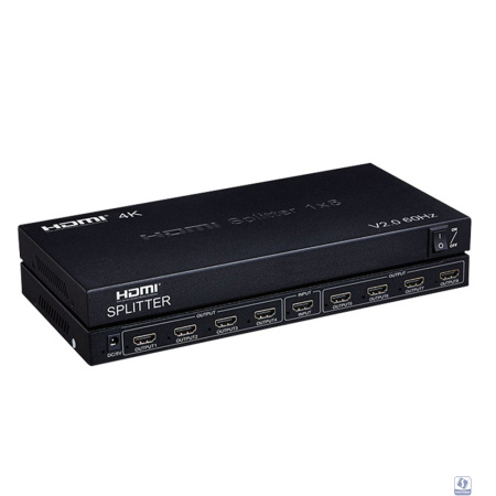 ORIENT HSP0108HV2-2.0, HDMI разветвитель 1->8, UHD 4K/60Гц (3840x2160),  HDR10, HDMI 2.0b, 18 Гбит/с, HDCP 2.2, внешний БП 5В, метал.корпус (33397)