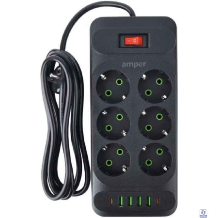 Amper сетевой удлинитель, 4,0м, 6 розеток, 10А, 2500 Вт, 4usb,2Type-C, черный. [JH-1076U-4B]