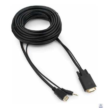 Кабель HDMI->VGA Cablexpert A-HDMI-VGA-03-10M, 19M/15M + 3.5Jack, медь, позол.разъемы, 10м, черный, пакет