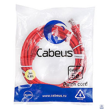 Cabeus PC-UTP-RJ45-Cat.5e-3m-RD Патч-корд U/UTP, категория 5е, 2xRJ45/8p8c, неэкранированный, красный, PVC, 3м