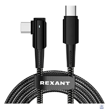 Rexant (18-7070) Кабель Type-C – Type-C, 5А, 100Вт, 1м, в черной нейлоновой оплетке, с угловым штекером и световой индикацией