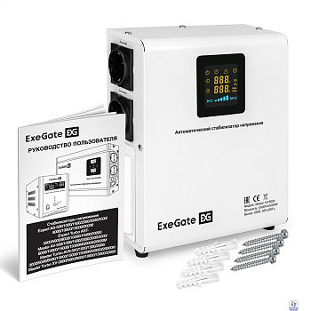 Exegate EX291741RUS Стабилизатор напряжения ExeGate Master AV-5000 (5000ВА, 140-260В, цифр. индикация вход/вых. напряжения, 220В±8%, КПД 98%, 5 уровней защиты, задержка, метал.корпус, клем.колодка, RT