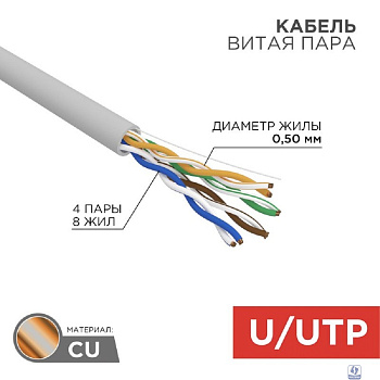 Rexant (01-0069) Кабель витая пара U/UTP, CAT 5e, ZH нг(А)-HF, 4PR, 24AWG, INDOOR, SOLID, серый, 305м 