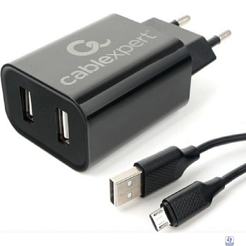 Cablexpert Зарядное устройство 12Вт, 2.4А, 2xUSB, кабель Micro USB 1м, черный, коробка-блистер (MP3A-PC-35)