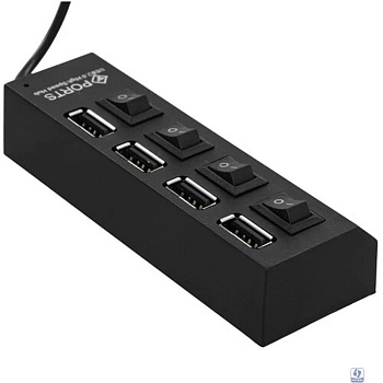 Gembird Разветвитель USB2.0  4xUSB, блок питания 2А, подсветка и выкл, кабель USB 55см, черный (UHB-U2P4-02A)