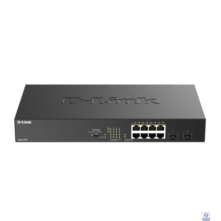 D-Link DGS-1010P/B1A Конфигурируемый коммутатор с 8 портами 10/100/1000Base-T, 2 портами 1000Base-X SFP и DIP-переключателем (8 портов PoE 802.3af/at, PoE-бюджет 125 Вт, дальность до 250 м) 