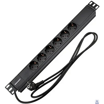 Rexant (04-0101-1) Блок распределения питания для 19" шкафов, горизонтальный, 6 розеток СЕЕ 7/4, 16A, без выкл, алюм корп, шнур 2м, вилка СЕЕ 7/7