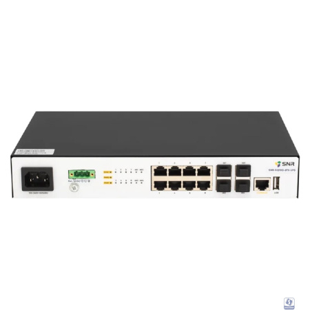 SNR SNR-S5210G-8TX-UPS Управляемый коммутатор уровня 2+, 8 портов 10/100/1000Base-T, 4 порта 1/10G SFP+, встроенный БП ~220V AC, разъем для АКБ 12V с возможностью заряда