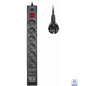 BURO Сетевой фильтр, 6 розеток, 1.8 метров (BURO BU-SP1.8_USB_2A-B), черный (коробка) 
